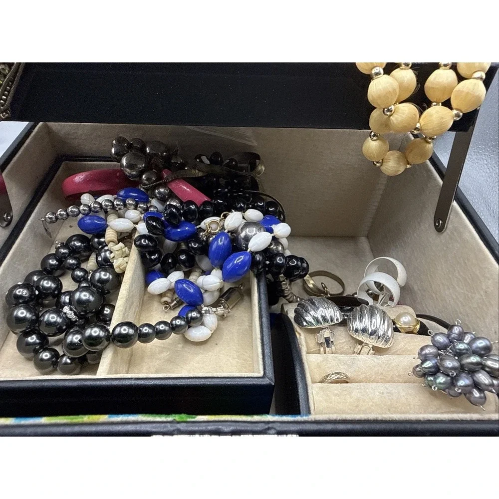 Vintage Jewelry Box Lot: Box, Necklaces, Bracelets, Rings, Earrings